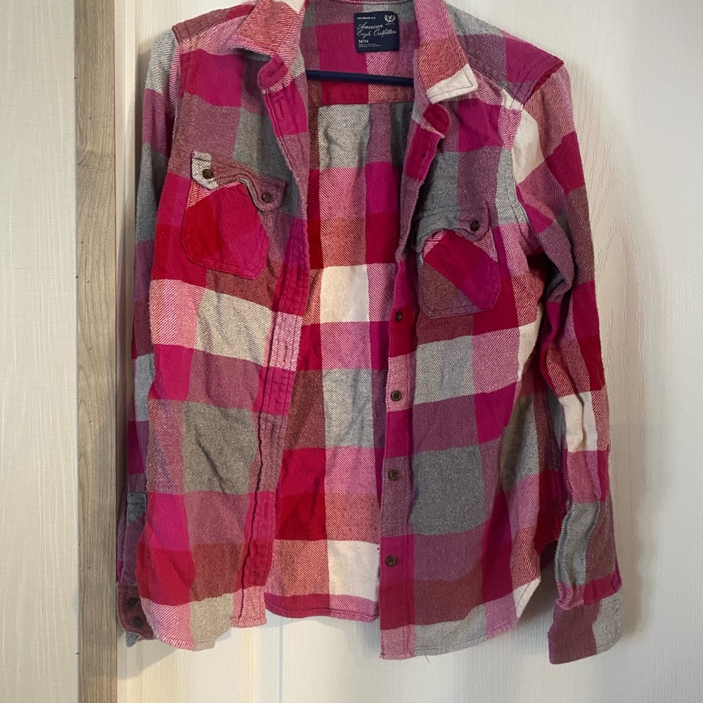 American Eagle Pink and Red Cozy Plaid Flannel